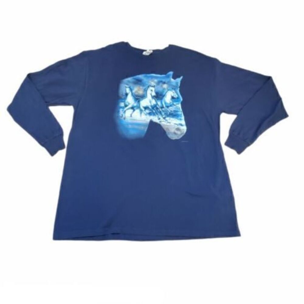 Long Sleeve Wild Horses Running Beach Graphic Shirt Navy‎ Blue XL